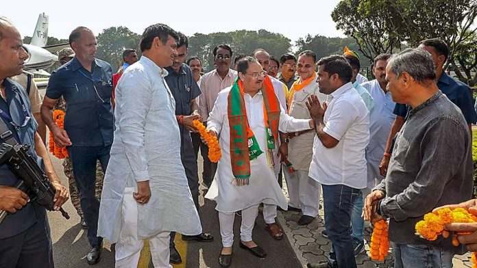 BJP National President JP Nadda being welcomed upon his arrival in Raigarh, Chhattisgarh.