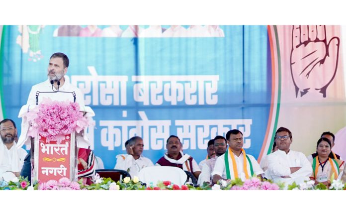 Congress leader Rahul Gandhi addressing a Public Meeting at Jagdalpur, in Bastar District of Chhattisgarh on Saturday. (UNI)