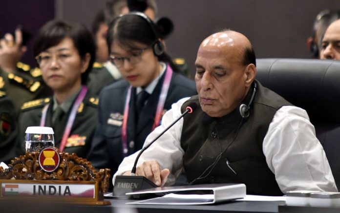 Defence Minister Rajnath Singh at the 10th ASEAN Defence Ministers’ Meeting-Plus, in Jakarta, Indonesia on Thursday. (UNI )