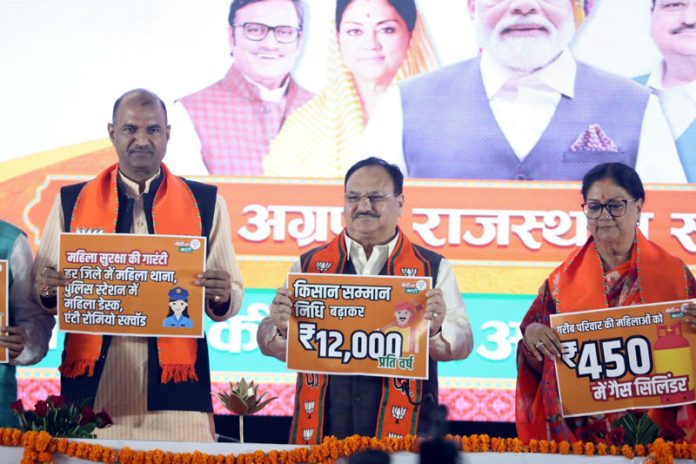 BJP National President JP Nadda with party leaders releasing party’s Sankalp Patra for the upcoming Rajasthan assembly elections, in Jaipur on Thursday. (UNI)