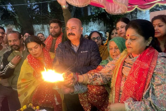 BJP leaders during the concluding ceremony of Ram Katha at Jammu on Saturday.