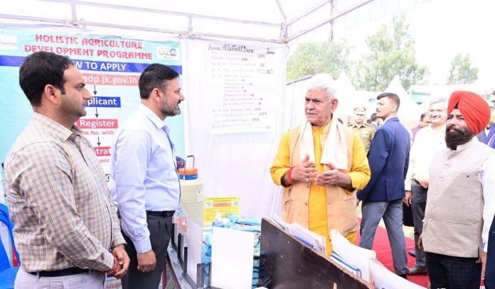 Lt Governor Manoj Sinha during visit to Chatha Farm on Thursday.