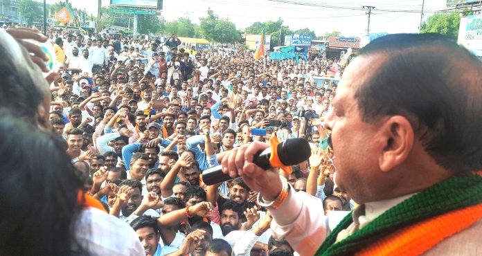 Union Minister Dr. Jitendra Singh addressing a public rally at Hazurabad, Karim Nagar during Telangana election campaign on Thursday.