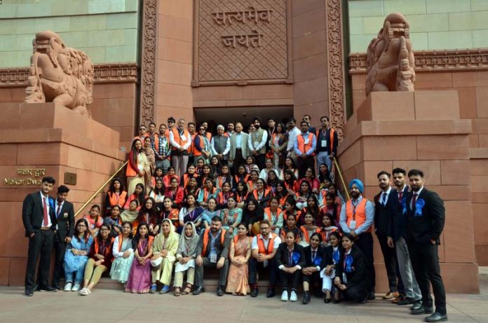 Students from J&K during their visit to Parliament House and Rashtrapati Bhavan on Monday.