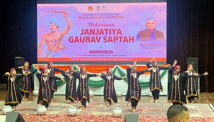 Artists performing Gojri Dance at Convention Centre in Jammu on Friday.