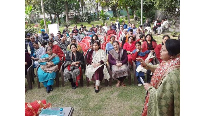 Former Minister, Priya Sethi addressing a party meeting at Rehari on Sunday.