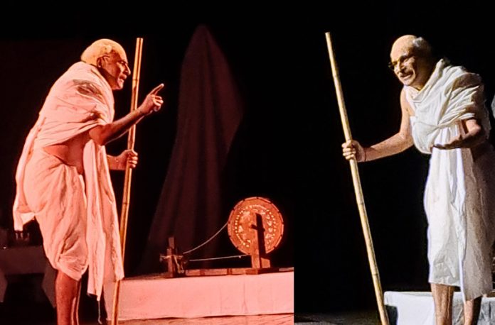 Mahatma Gandhi, enacted by J.R.Sagar on stage, in the play 'Bapu' presented by J&K Academy of Art, Culture and Languages at Abhinav Theatre on Monday.
