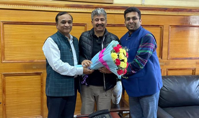 BBIA delegation led by its president Lalit Mahajan felicitating new Director I&C, Arun Manhas in Jammu on Thursday.