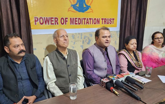 Members of Power of Meditation trust addressing media persons in Jammu on Wednesday. -Excelsior/Rakesh