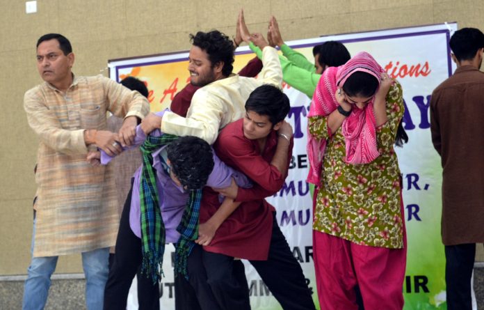 A scene from play ‘Jaal’ staged by Natrang at Nagrota, Jammu on Tuesday.