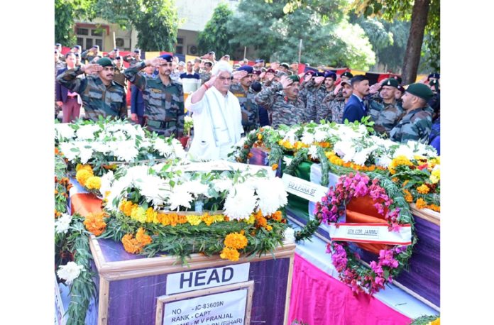 LG Manoj Sinha paying tribute to Army bravehearts in Jammu on Friday.