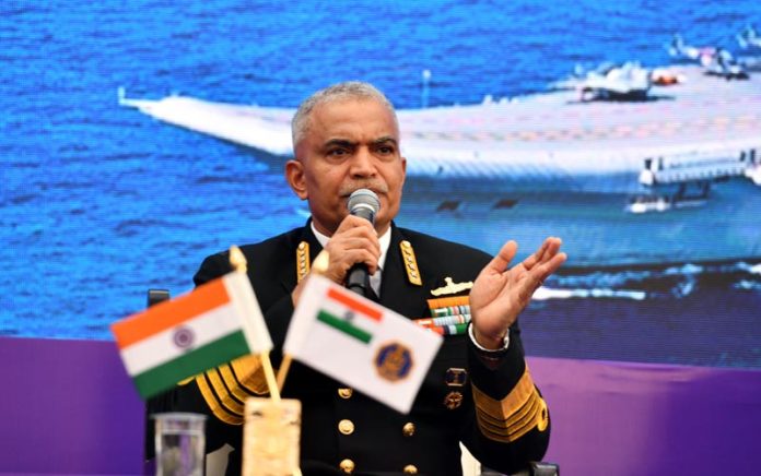 Chief of the Naval Staff Admiral R Hari Kumar addresses a press conference ahead of the celebration of Navy Day, in New Delhi on Friday. (UNI)