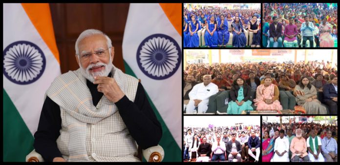 Prime Minister Narendra Modi interacting with beneficiaries of the Viksit Bharat Sankalp Yatra through video conferencing, in New Delhi on Wednesday.UNI