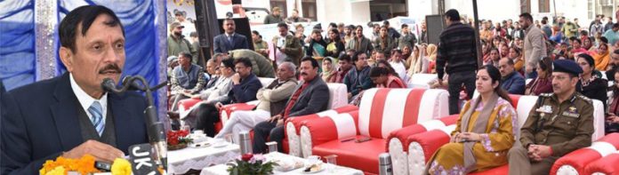 Advisor to LG Rajeev Rai Bhatnagar addressing a gathering at Udhampur on Friday.