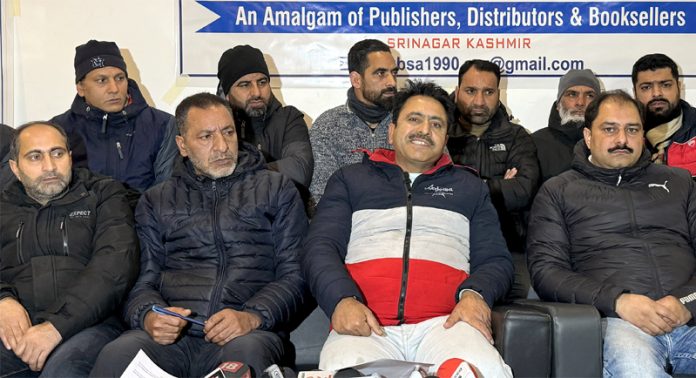 Member of Booksellers and Stationers Association during a press conferences in Srinagar on Thursday. -Excelsior/Shakeel