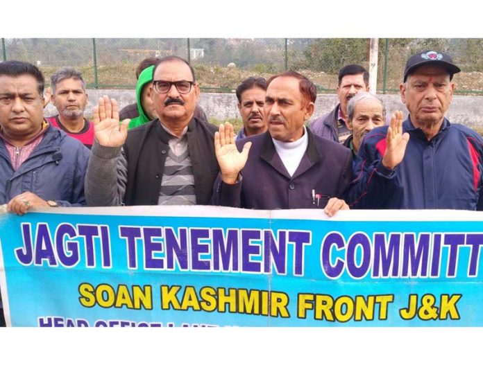 JTC and SKF activists holding protest in Jagti township on Sunday.