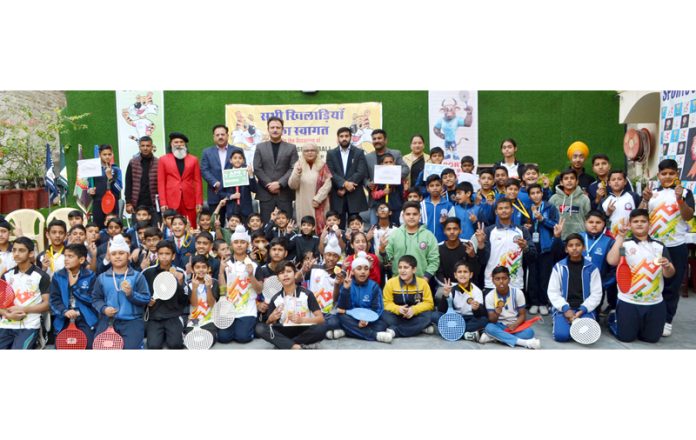 Speedball players posing with dignitaries during 8th State Speedball Championship at Jammu on Tuesday.