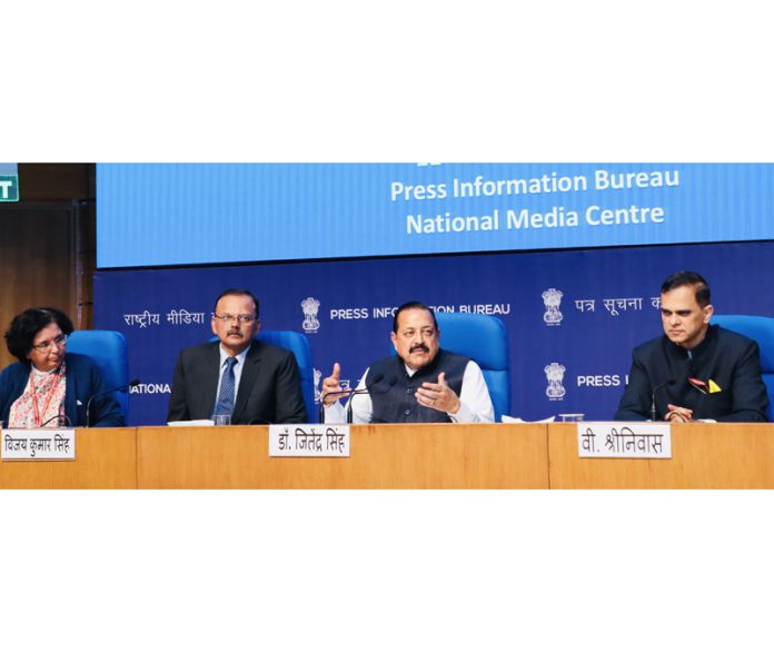 Union Minister Dr. Jitendra Singh addressing a press conference at National Media Centre, New Delhi on Monday.