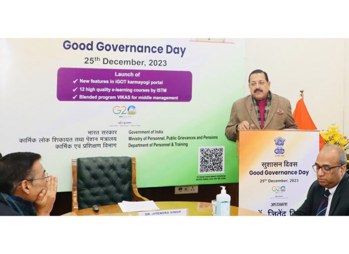 Union Minister Dr. Jitendra Singh speaking at a function commemorating “Good Governance Day”, organised by DoPT at North Block, New Delhi on Monday. 