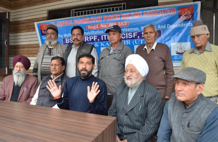 Members of Ex-CPFWA addressing a press conference in Jammu on Monday.