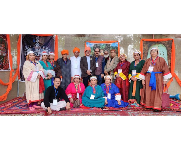 Prominent KPs posing together at a Kashmiri cultural stall during 'Mahotsav 2023' at Gulshan Ground, Jammu.