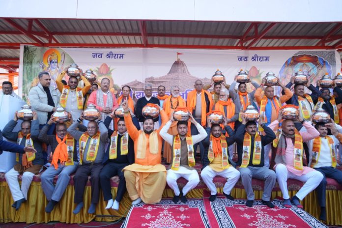 Leaders of RSS, VHP and other Hindu organisations during Akshat Kalash Yatra at Jammu on Saturday.