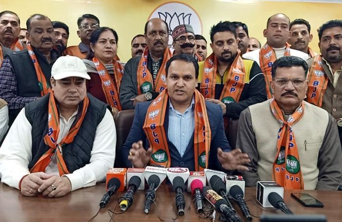 BJP OBC Morcha leaders at a press conference at Jammu on Wednesday.