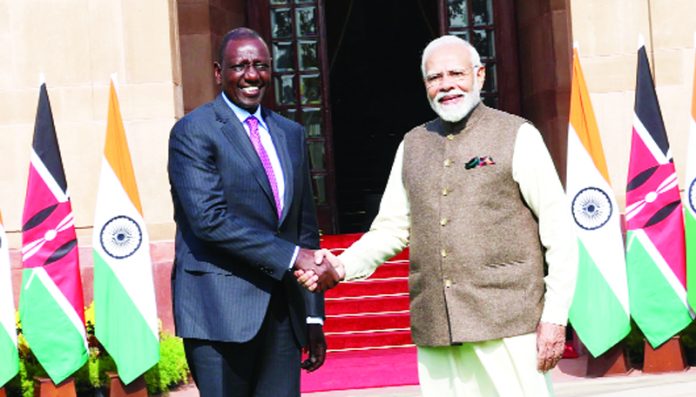 President of the Republic of Kenya, William Ruto being received by Prime Minister Narendra Modi for a meeting at Hyderabad House, in New Delhi on Tuesday. (UNI)