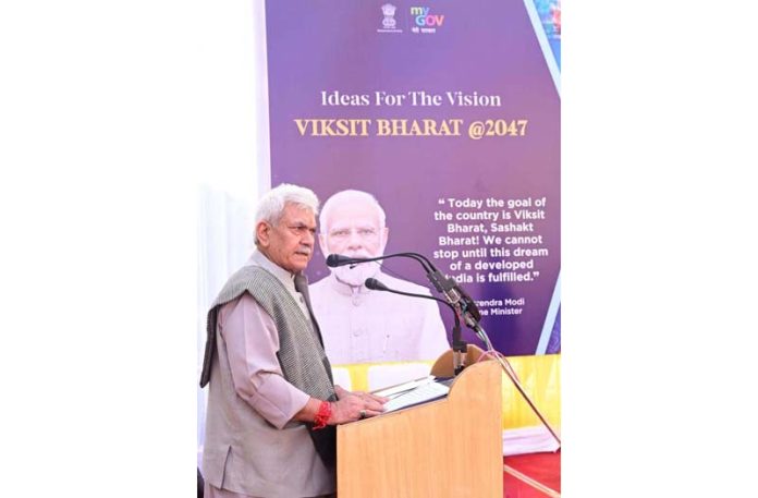 LG Manoj Sinha addressing ‘Viksit Bharat @ 2024’ workshop on Monday.