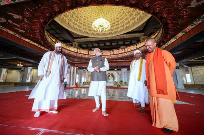 Prime Minister Narendra Modi visiting Swarved Mahamandir in Varanasi, Uttar Pradesh on Monday.(UNI)