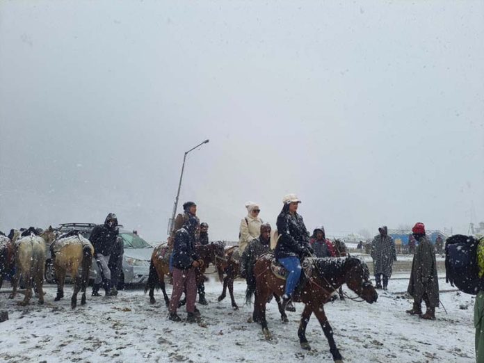 Tourists enjoy fresh snowfall in Sonamarg.