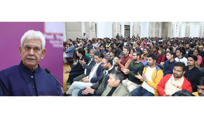 LG Manoj Sinha addressing a programme at University of Delhi on Monday.