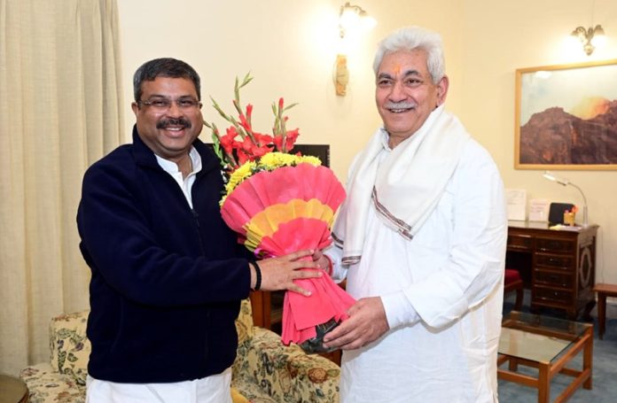 Union Minister for Education Dharmendra Pradhan being received by LG Manoj Sinha at Raj Bhawan in Jammu on Wednesday.