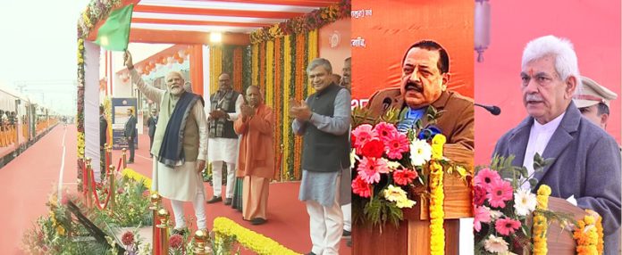 PM Narendra Modi flags off Vande Bharat between Delhi-Katra and other stations virtually from Ayodhya while Dr Jitendra Singh & Manoj Sinha attend a function at Katra on Saturday.
