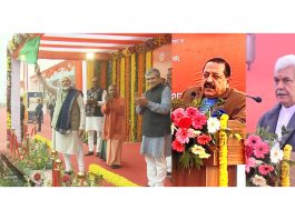 PM Narendra Modi flags off Vande Bharat between Delhi-Katra and other stations virtually from Ayodhya while Dr Jitendra Singh & Manoj Sinha attend a function at Katra on Saturday.
