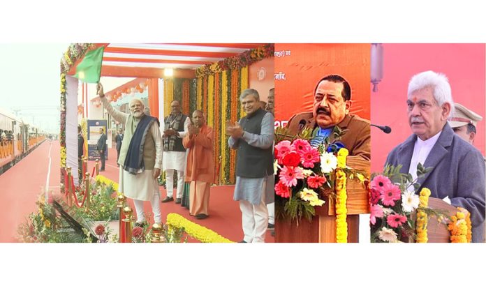 PM Narendra Modi flags off Vande Bharat between Delhi-Katra and other stations virtually from Ayodhya while Dr Jitendra Singh & Manoj Sinha attend a function at Katra on Saturday.