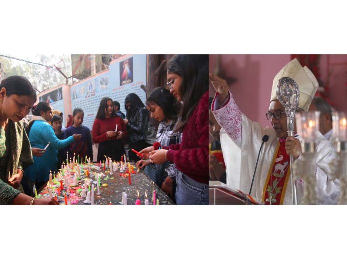 The faithfuls lighting candles at Gandhi Nagar Church (left) while a priest reciting prayers (right) during Christmas celebrations on Monday. -Excelsior/Rakesh