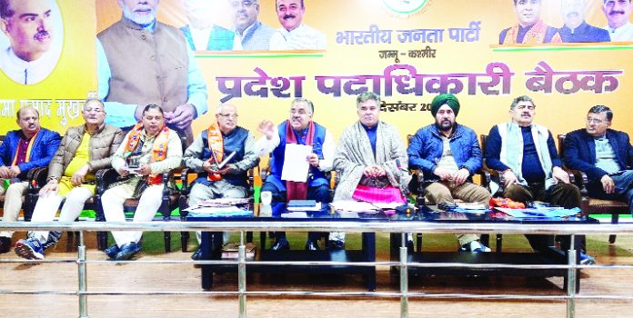 BJP leaders at a party convention at Jammu on Saturday.