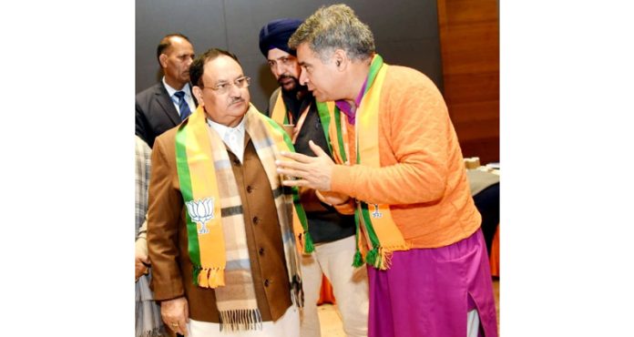 BJP leaders from J&K during a meeting with national president J P Nadda at New Delhi on Saturday.