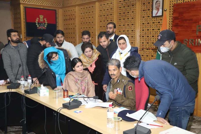 DGP R R Swain listening to people’s grievances in Srinagar on Saturday.