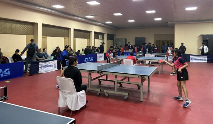 Players in action during 46th Stag J&K UT Table Tennis Championship at Jammu on Sunday. -Excelsior/Rakesh