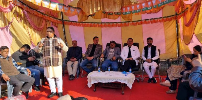 BJP senior leader and former Minister addressing a Booth Jana programme at Moradpora in Rajouri district on Tuesday.