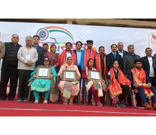 Kreeda Bharati Jammu and Kashmir felicitates mothers of three athletes during a programme in Jammu on Sunday.