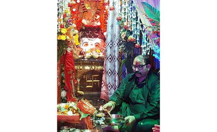 Mahant Rumil Sharma performs Hawan at Bhairav Dev temple in Chowk Chabutra on Tuesday.