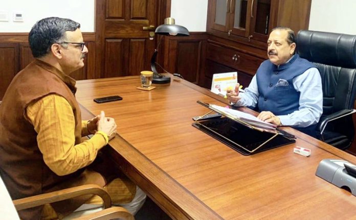 Former JMC councillor and senior BJP leader, Sanjay Kumar Baru during a meeting with Union Minister, Dr Jitendra Singh at New Delhi on Wednesday .