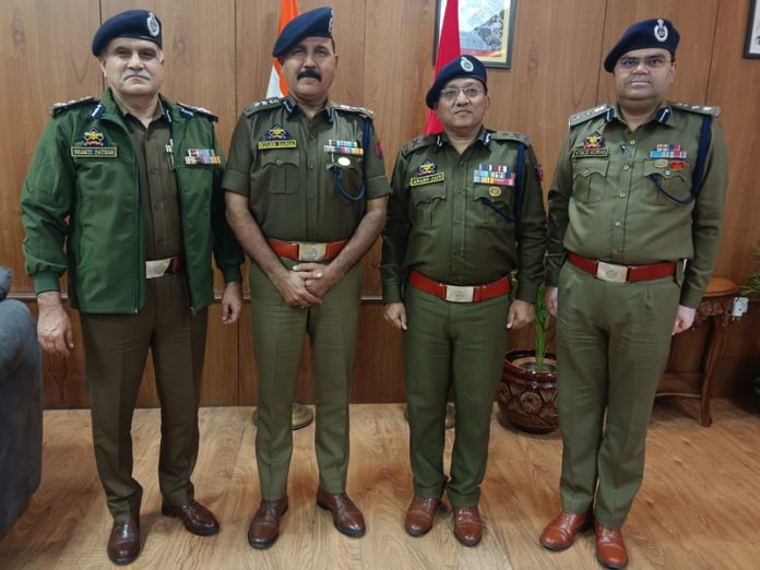 SSP Kulbir Handa along with IGP Jammu, Anand Jain, and other police officers at Zonal Police Headquarters in Jammu on Saturday.