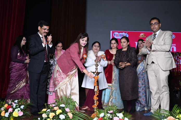 Sunaina Mehta Sharma, Joint Director Tourism, Jammu lighting lamp Annual Day event of Sanfort Schools at Jammu on Wednesday.