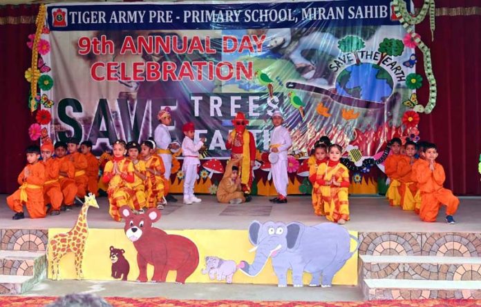 Students of Tiger Army Pre-Primary School presenting colourful performance during Annual Day event on Saturday. 