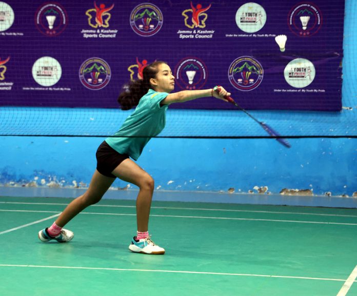 A young badminton player in action in Jammu on Monday. -Excelsior/Rakesh