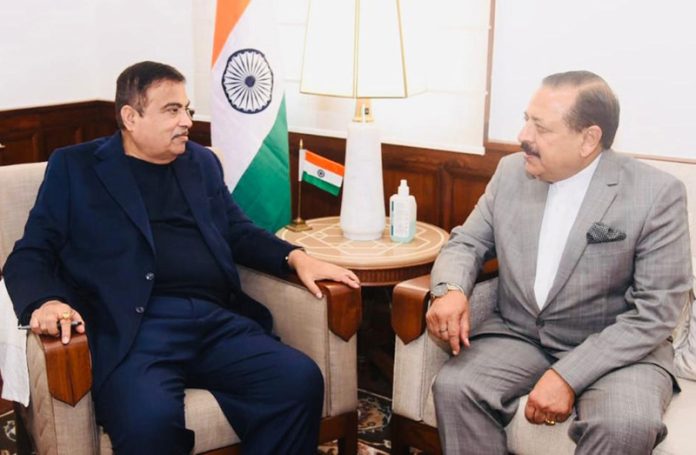 Union Minister, Dr Jitendra Singh during a meeting with Union Minister of Road Transport and Highways Nitin Gadkari at New Delhi on Thursday.
